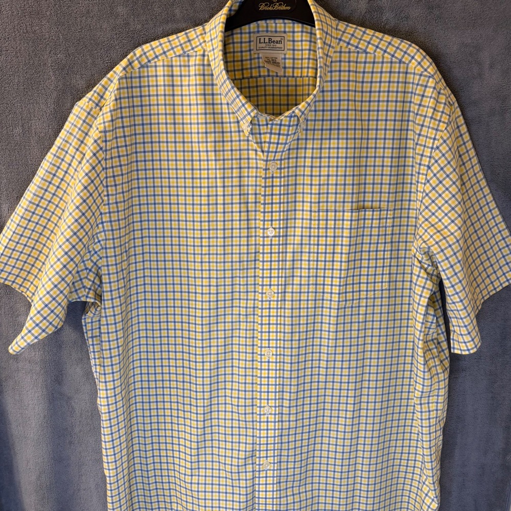LL Bean Mens XL Short Sleeve Button Down Shirt Yellow Blue Plaid Cotton